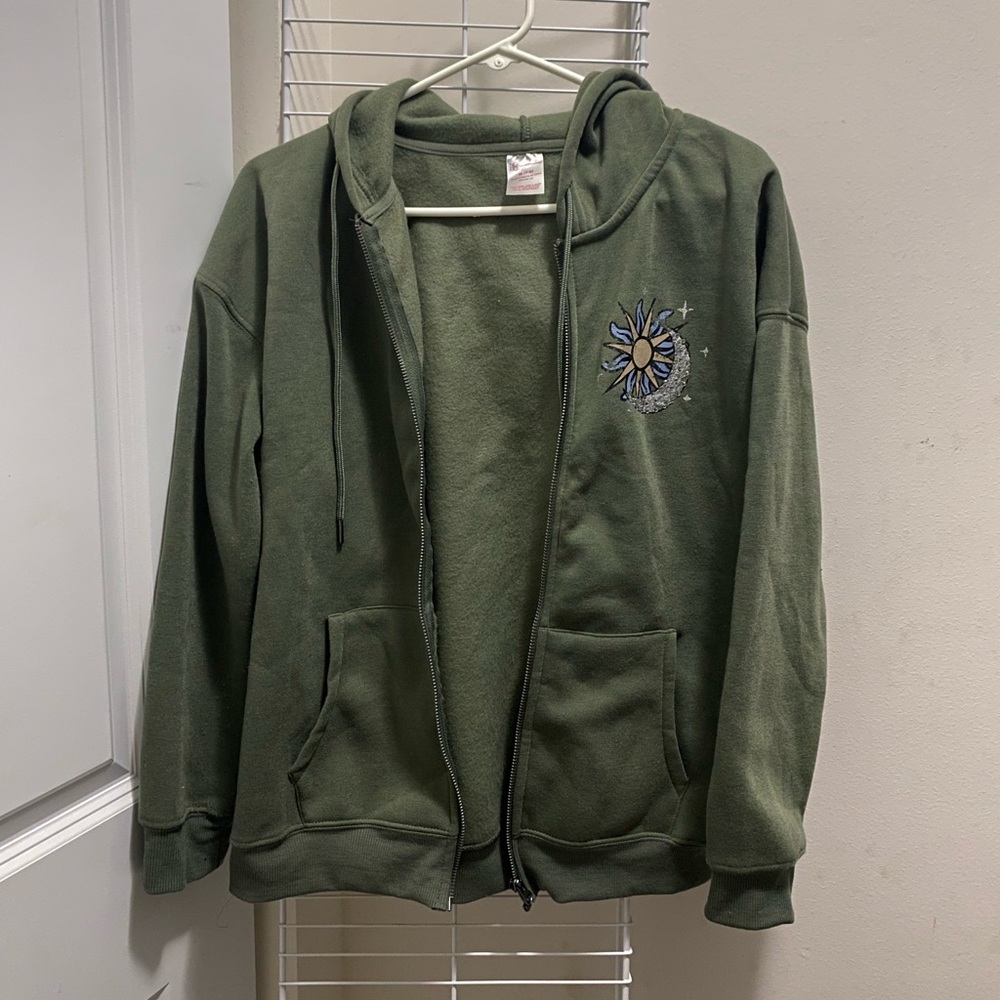 No Boundaries Olive Green Hoodie with Sun and Moon print